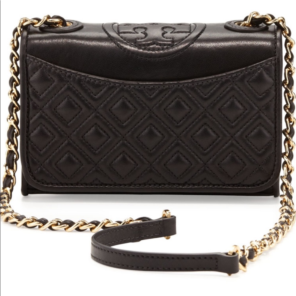 tory burch fleming quilted mini flap black purse